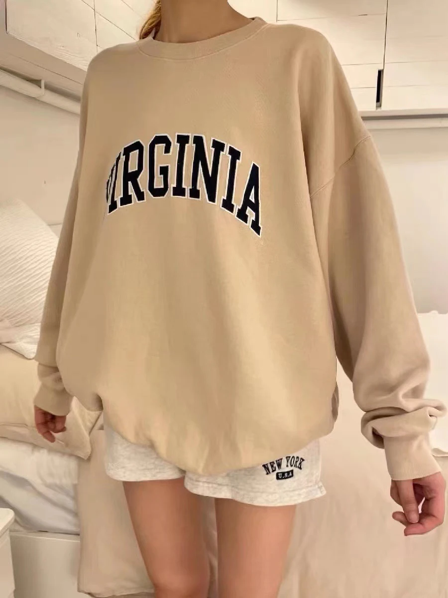 

Women Letter Print Loose Sweatshirts Autumn Vintage Cotton Warm Long Sleeve Oversized Hoodies Retro Fashion Pullovers Top Female