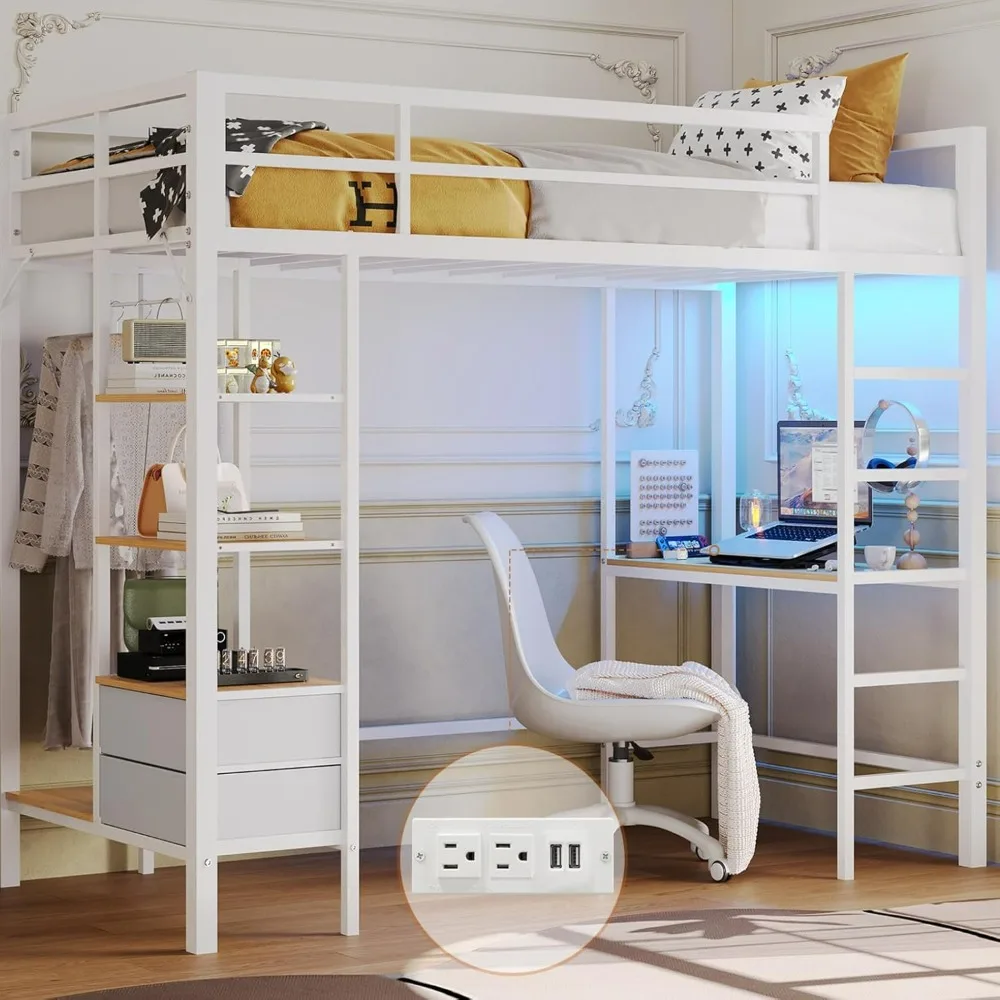 Bunk Beds Loft Bed, Desk and Charging Station, Storage Shelves and Drawers with Clothes Rail Safety Guard & Ladder, Bunk Beds