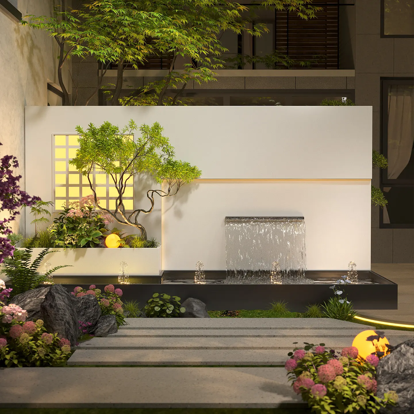 Outdoor stainless steel waterfall feature wall - courtyard garden divider, landscaping, water curtain, pond, recirculating