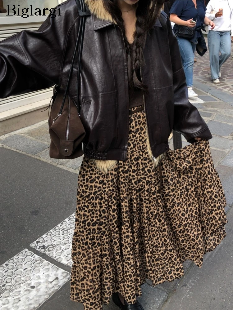 

Autumn Skirt Women Leopard Print Fashion Loose Korean Style Ruffle Ladies Skirts Pleated Casual Woman Long A-Line Skirt
