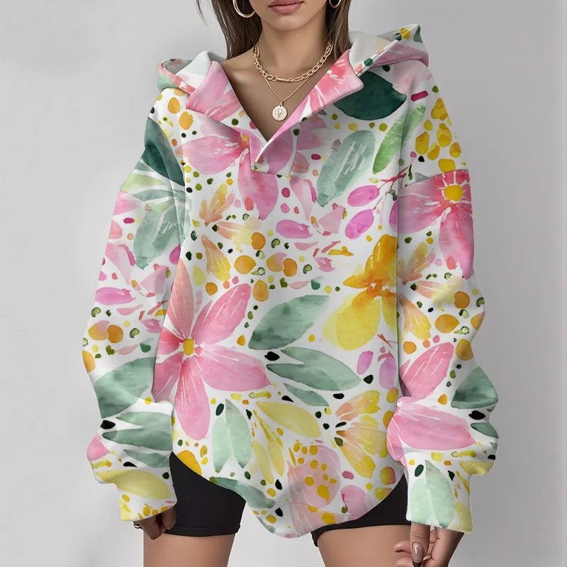 

Женская толстовка большого размера Y2K Sweet & Cool, весенняя свободная толстовка с цветочным принтом розовых цветов, милые повседневные пуловеры, уличная одежда