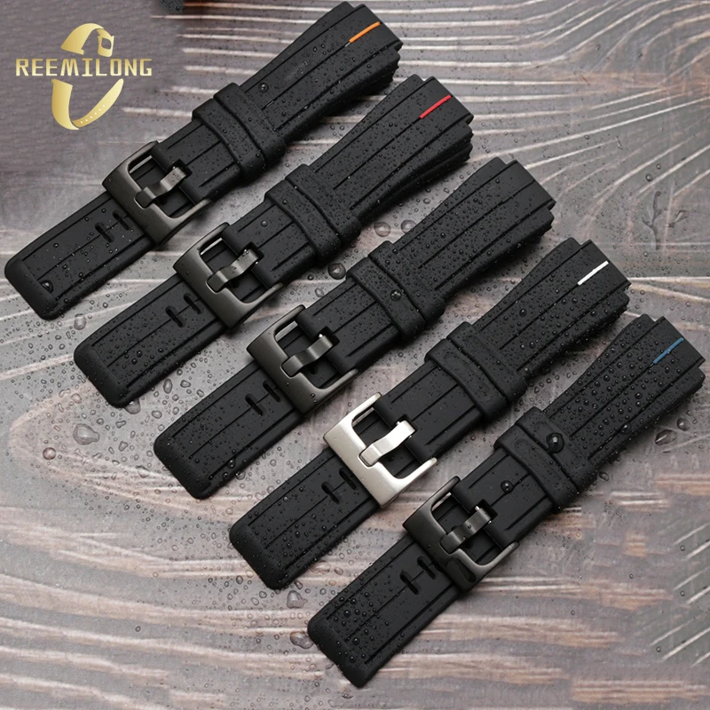 Silicone rubber watch strap 24*16mm Convex joint black red orange white blue lines men watchband For Timex T2N720 T2N721 T2N739