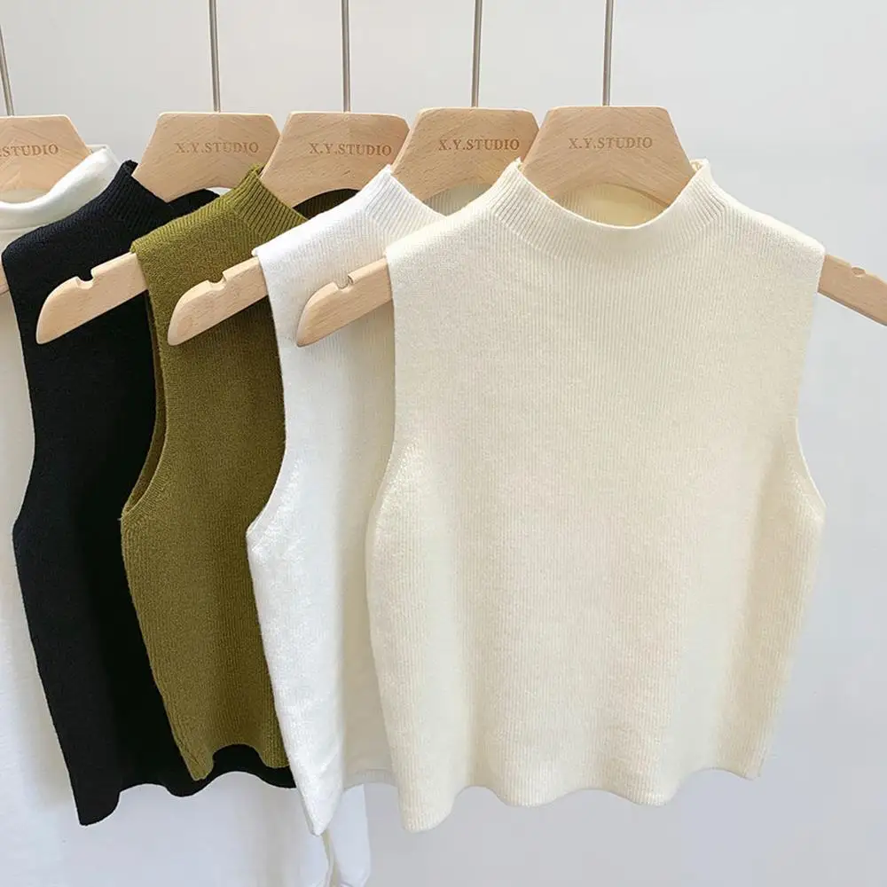Herbst Gestrickte Tanks Top Frauen Ärmellose Gestrickte T-Shirts Weibliche Pullover Dünne Beiläufige Westen Crop Tops Half Neck Pullover Tops