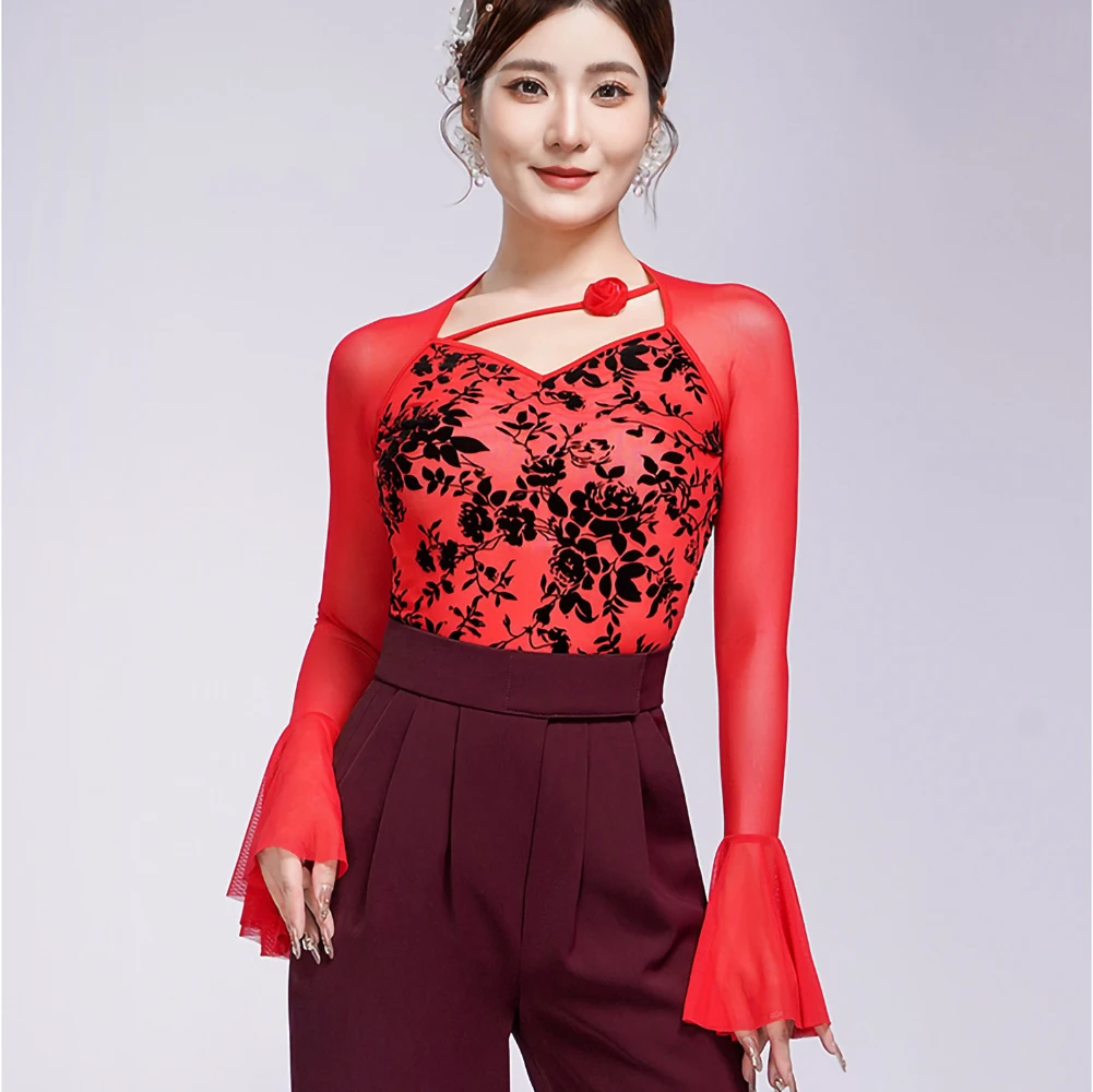 

Dancing Long Sleeve Women's Latin Dance Red Practice Performance Clothes Sexy Flocking Mesh Black Indigo Dance Sexy Top
