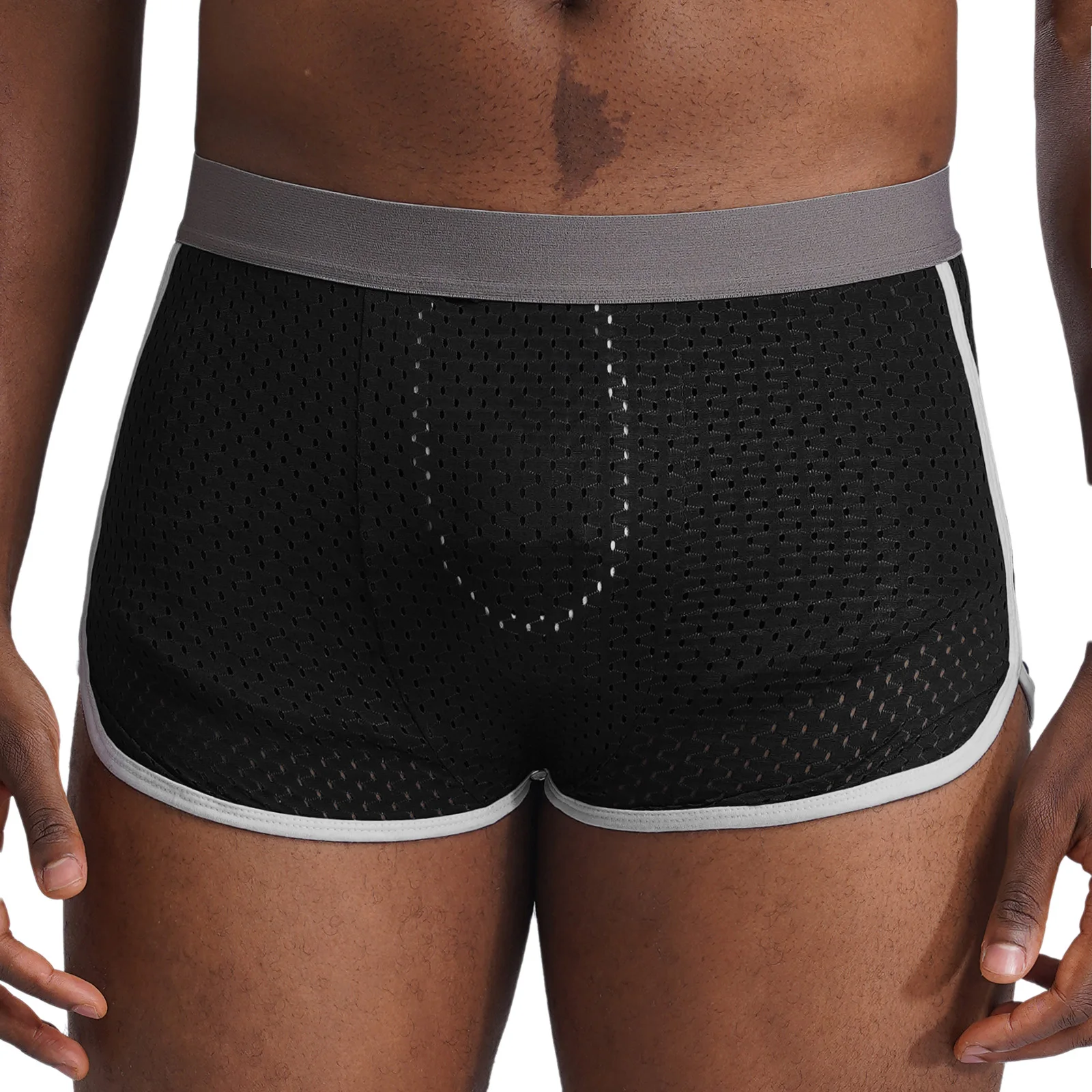 Men Hollow Out Mesh Boxer Shorts Reversible Underwear U Bulge Pouch Side Stripe Side Split Athletic Workout Casual Shorts
