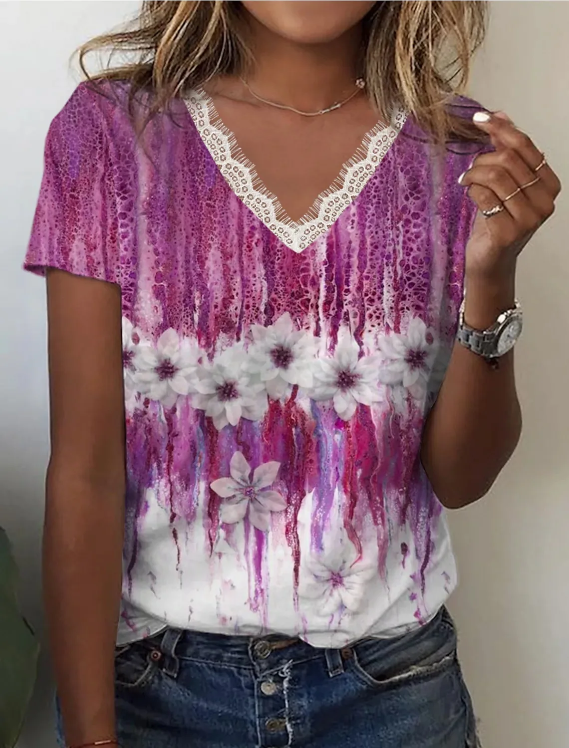 Elegant Lace V Neck T-Shirt Violet Print 2024 Summer Short Sleeve Trendy Streetwear Tops T-Shirt Pullover Women's Clothing