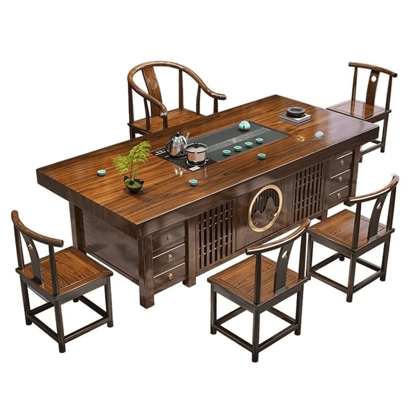 

Solid wood large board storage tea table table and chair combination home office Chinese tea living room tea table a
