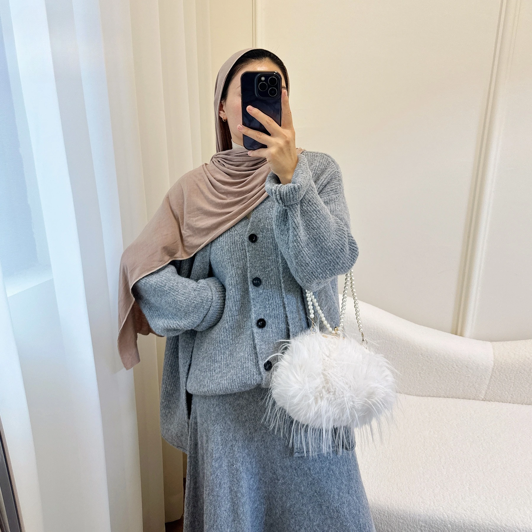 

Winter Muslim Woman Set Thick Knitted Abaya 3 Piece Sets Vests Kimono Sweater Tops with Skirt Ramadan Eid Islamic Modest Outfits