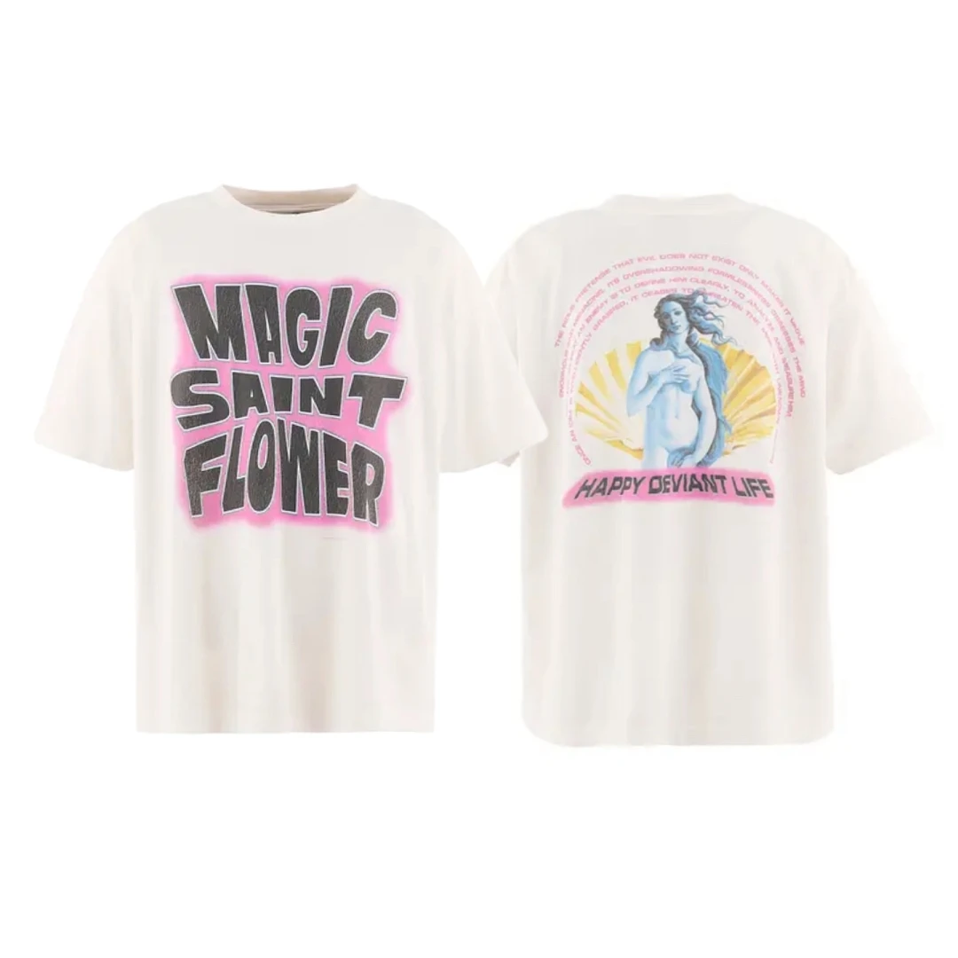 Vintage White T-Shirt MAGIC SAINT FLOWER Distressed Letter Graphic Oversized Heavy Cotton Y2K Retro Streetwear Short Sleeve Tee