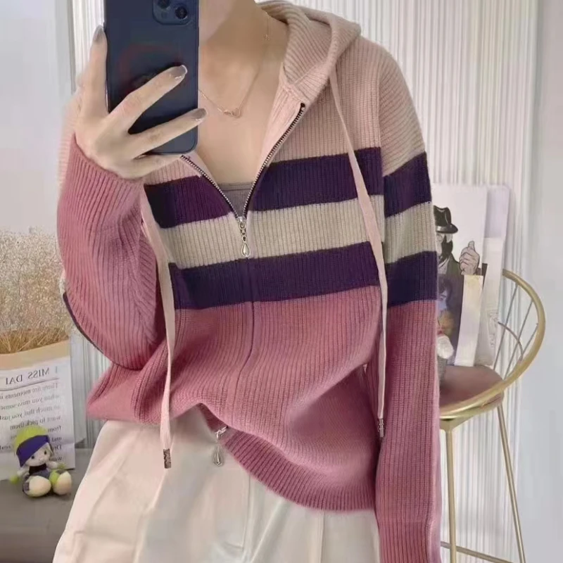Korean Fashion Autumn New Sweaters Women\'s Hooded Striped Contrast Color Double Zipper Elegant Long Sleeve Cardigan Knitted Tops