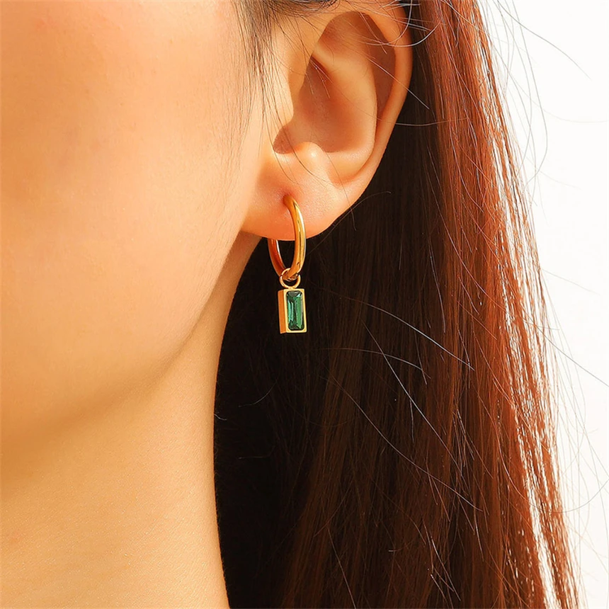 316L Stainless Steel Retro Geometry Square Green Zircon Pendant Earrings  Fashion High Jewelry SAE784