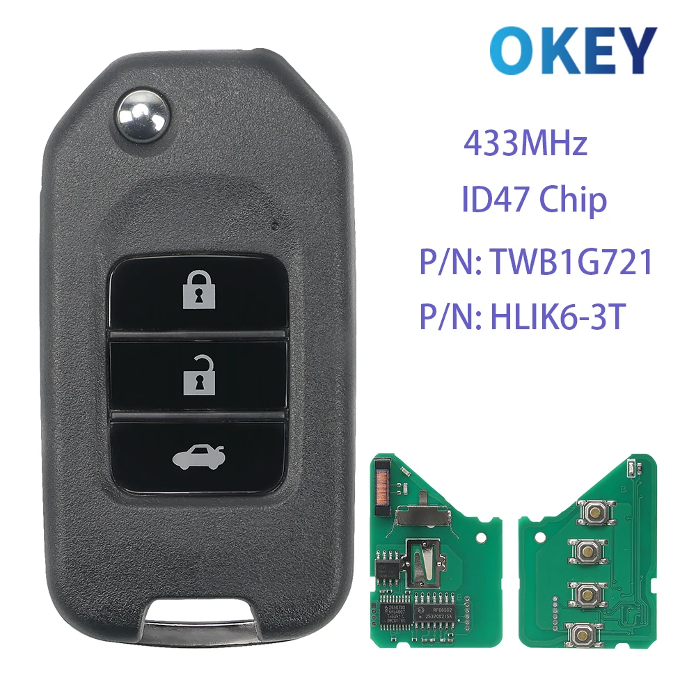 

Пульт дистанционного управления Okey для автомобиля с чипом ID47 433 МГц для Honda Civic, Accord, City, CR-V, Jazz, XR-V, Vezel, HR-V, FRV, HLIK6-3T/TWB1G721