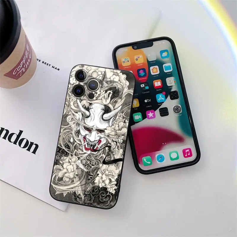 Samurai Hannya Mask Tattoo Phone Case for iPhone 11 15 Pro Max Case Coque 14 Plus 13 Pro 12 11 X S XR 7 8 SE 2020 TPU Soft Cover