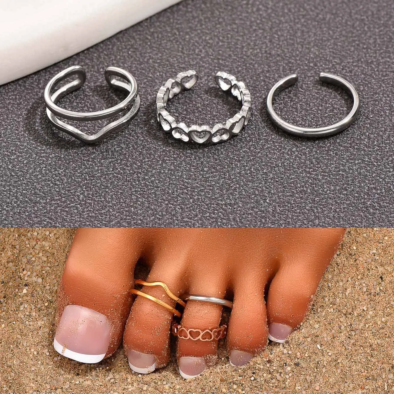 3Pcs/Set Simple Hollow Heart Foot Ring Adjustable Opening Toe Ring for Women Girl Summer Beach Vacation Jewelry Finger Ring