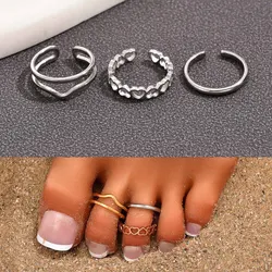 3Pcs/Set Simple Hollow Heart Foot Ring Adjustable Opening Toe Ring for Women Girl Summer Beach Vacation Jewelry Finger Ring