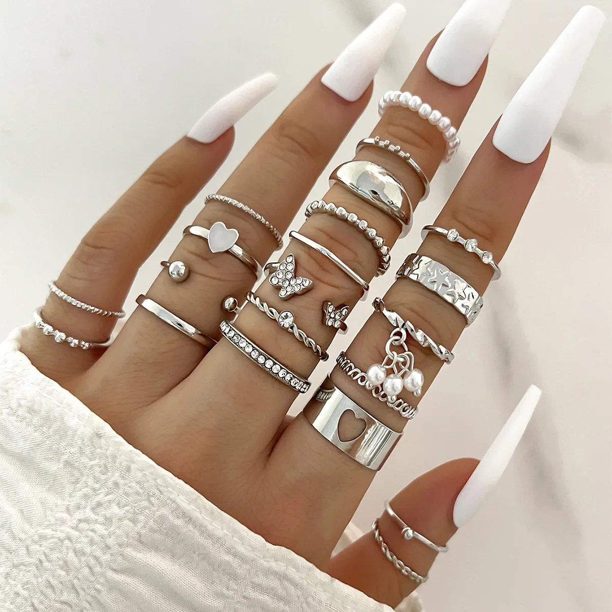 44 Piece Silver Fashionable And Minimalist Wide Face Love Element Ring Set Sor Women\'s Daily Parties Holiday Gifts (No Box)