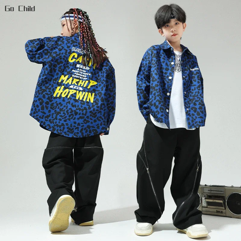 Hip Hop Girls Leopard Shirt Zipper Pants Boys Street Dance Cool Jacket Joggers Clothes Sets Kids Streetwear Child Jazz Costumes