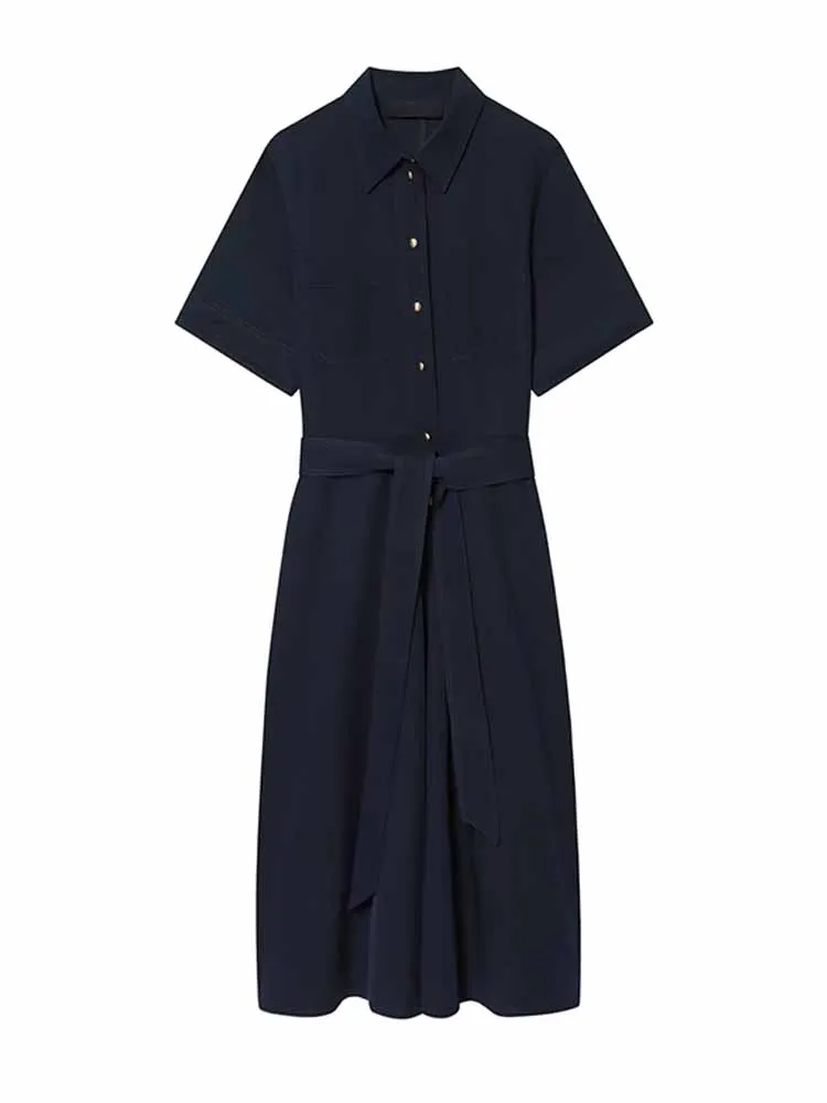 

HH Woman Spring Fashion Half Sleeves Lapel Single Breasted Shirt Style Belt Decoration Long Dress Female Retro Versatile Dress