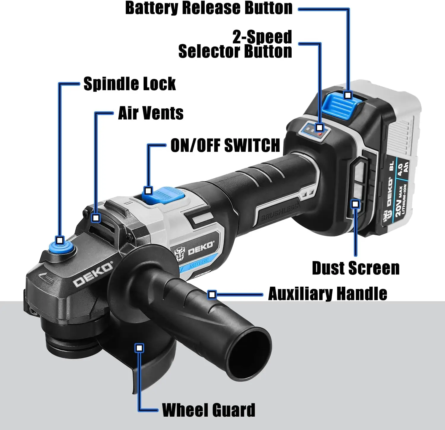 DEKO Cordless Angle Grinder, Cordless Angle Grinder 4.0Ah Battery Charger, 8500RPM , Auxiliary Handle, Suitable for Metal Wood