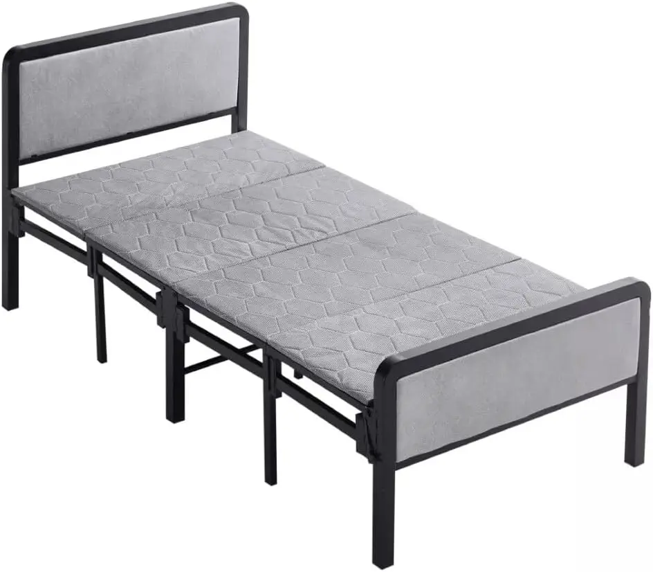 Foldable Bed Premium Grey Single Guest Beds, Single Folding Bed Compatible with Mattress, Compact Space Saving Fold Up Camp Beds