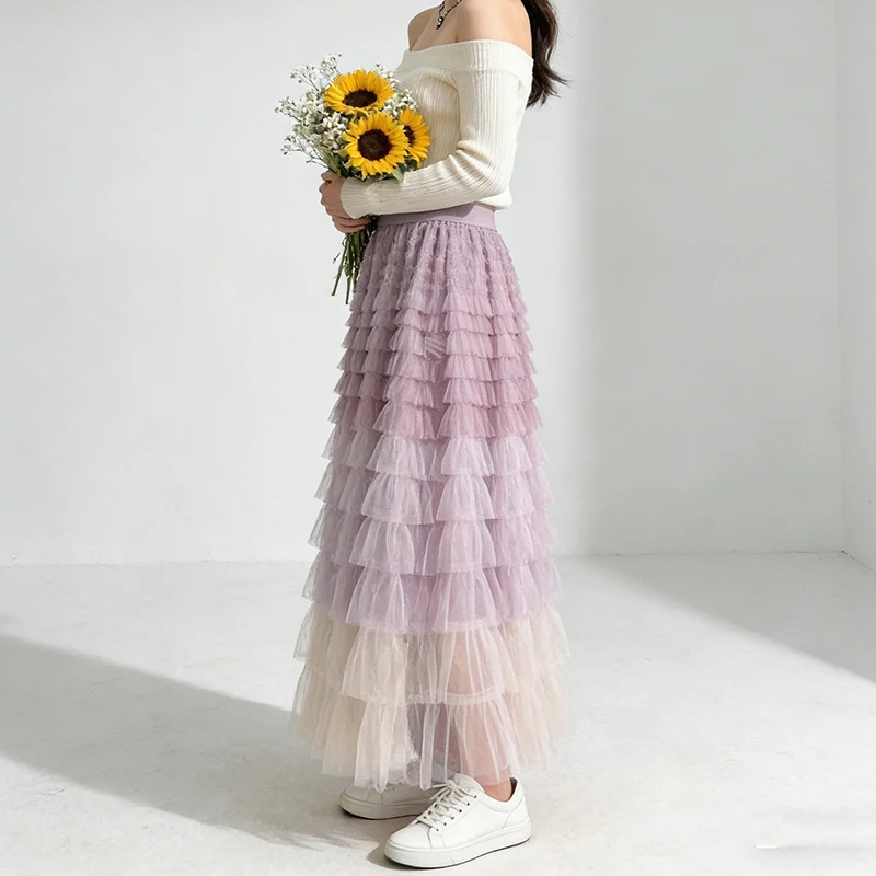 Gradient Color Patchwork Mesh Cake Skirt Women Korean Elastic High Waist Pleated Long Skirts Woman Elegant A Line Princess Skirt