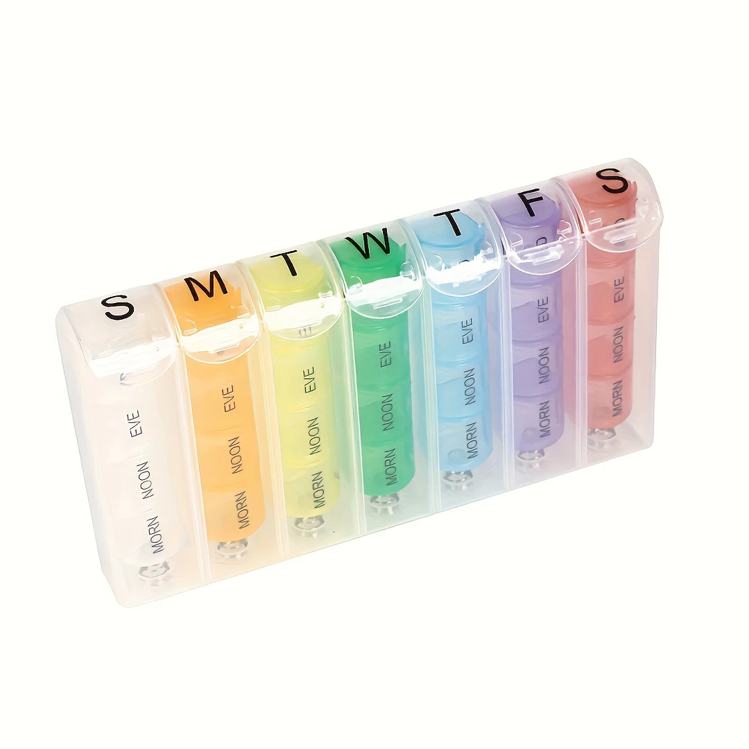 Caixa de comprimidos arco-íris semanal 28 grades 4 vezes ao dia organizador de comprimidos portátil assistido por mola fácil de abrir para vitaminas e