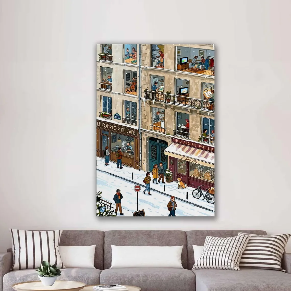 Snowy Paris Street Canvas Wall Art, Cozy Winter Apartment Illustration, French Café Cityscape Poster