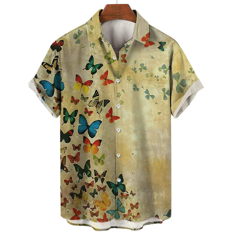 Camisa havaiana com gráficos coloridos de borboleta masculina, blusa casual solta estampada em lapela manga curta 3D, tendência da moda verão