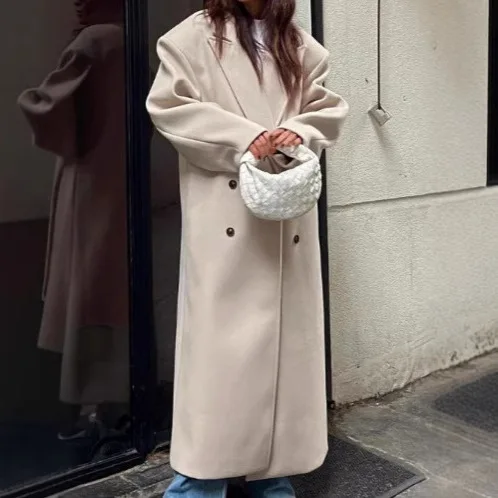 2025 Autumn and Winter Temperament Commuter Suit Collar Double-Breasted Long Woolen Coat Trench Coat for Women