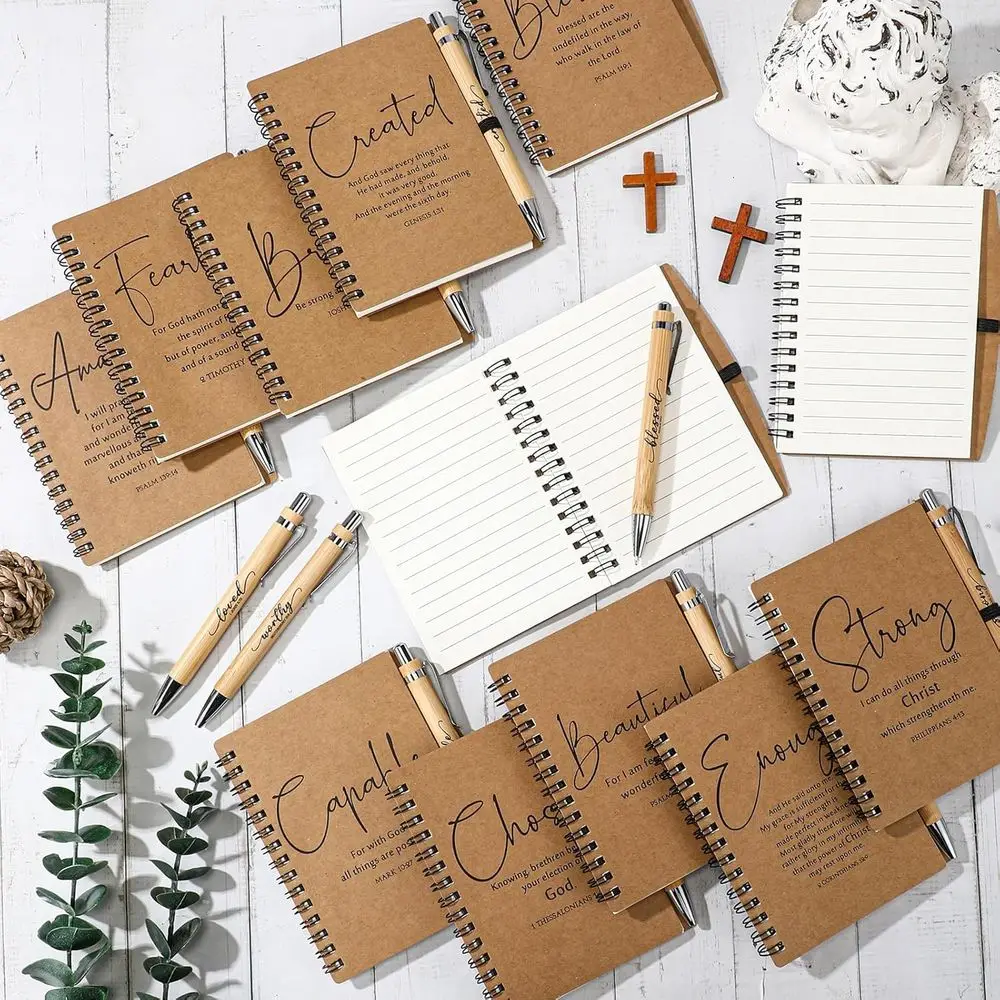 Bulk Christian Gifts: Pastor Ministry Christmas Spiral Notebook & Bamboo Pen with Bible Verses for Church & Sunday School (Brown