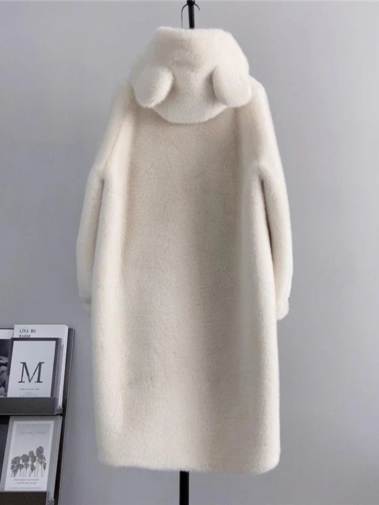 2024 New Autumn Winter High Imitation Mink Coat For Women With  Hooded Cute Ears Jacket Women\'s Long Cardigan Overcoat