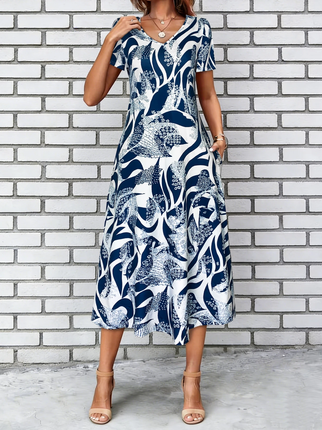 Women's Navy Blue Abstract Print Maxi Dress Summer Casual V Neck Short Sleeve A Line Flowy Dress With Pocket