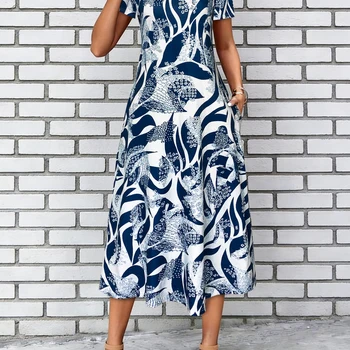 Women's Navy Blue Abstract Print Maxi Dress Summer Casual V Neck Short Sleeve A Line Flowy Dress With Pocket