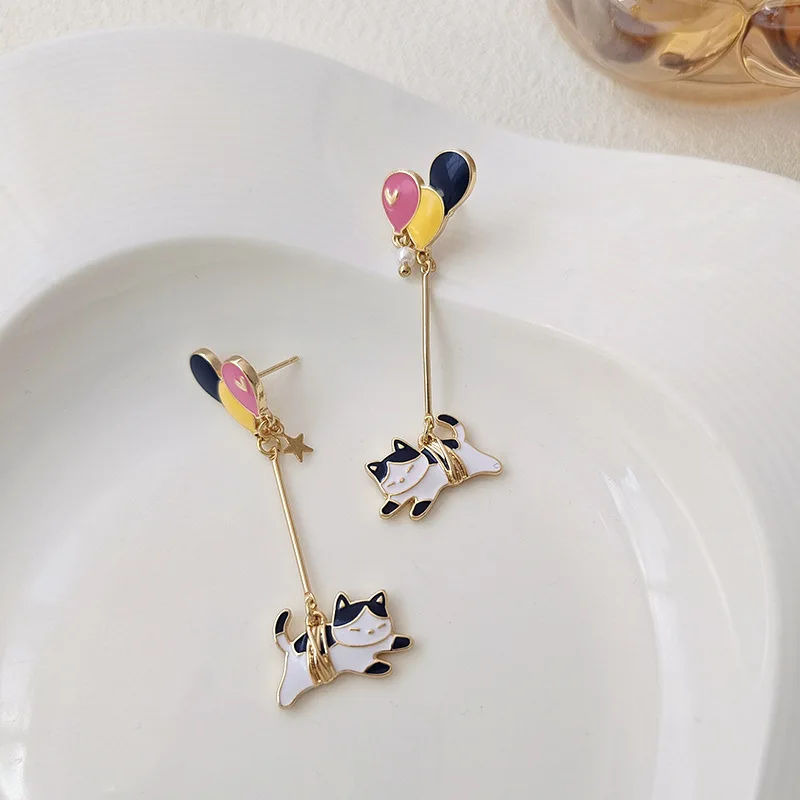 Nette Emaille Katze Ballon Stud Ohrringe für Frauen Koreanische Trendy Schöne Kaninchen Blume Asymmetrische Quaste Ohrring Partei Schmuck – Detail 3