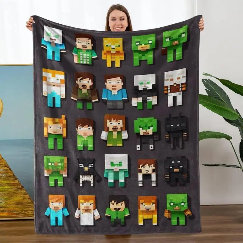 Cartoon Block Character Flannel Blanket, Popular Pixel Game Figure Pattern Lightweight Throw Blanket for Bed Couch Home Use