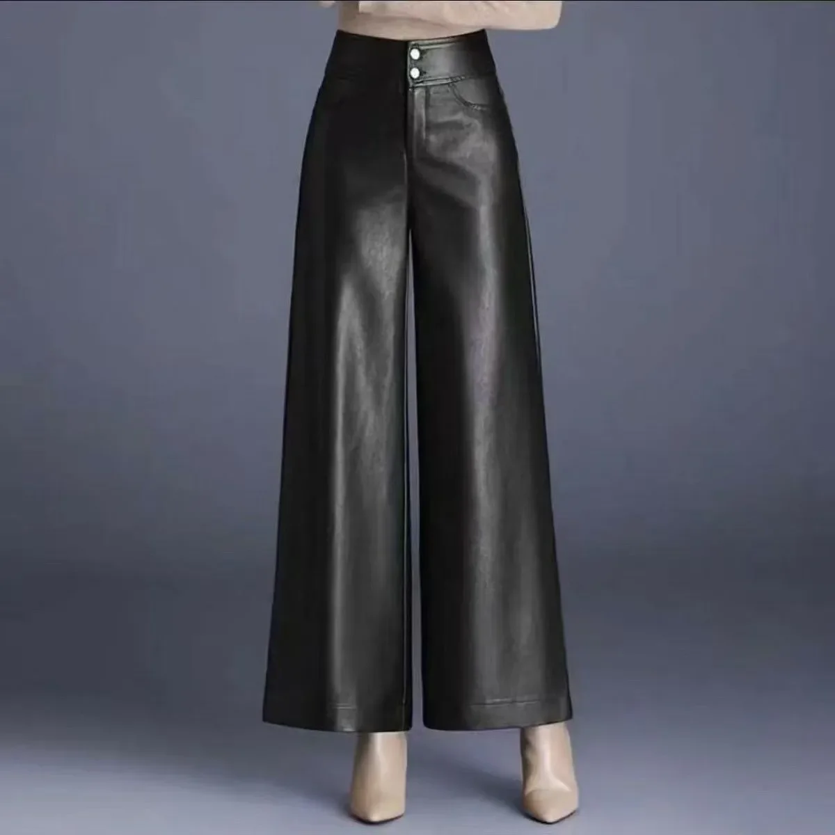 2025 Women's Leather Pants Thick High Waist Loose Wide Leg Slim Fit Fashionable Autumn Winter Pants