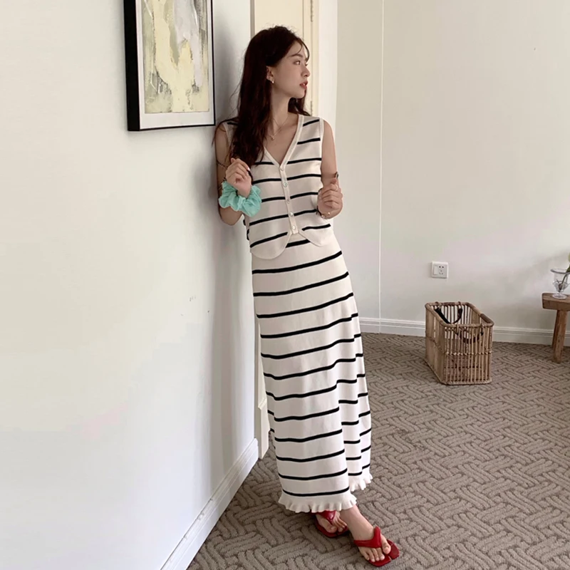 OCEANLOVE Knitted Skirts Sets V Neck Stripes Korean Fashion Spring Summer Two Pieces Set Outfits Simple Conjuntos Femininos