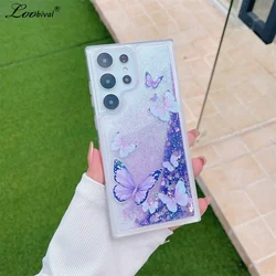 Cartoon Butterfly Flower Glitter Case For Samsung Galaxy S23 S22 Ultra S21 FE S20 Plus A54 A53 A52 A14 A34 A13 Quicksand Cover