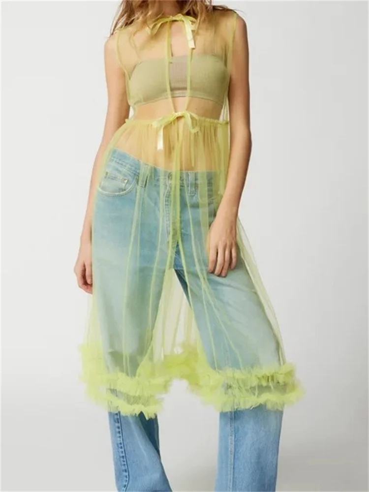 Chronstyle sexy Frauen Mesh schiere durch Midi-Kleid einfarbig Rundhals ausschnitt Rüschen ärmelloses Kleid Strand Bade bekleidung Vertuschungen