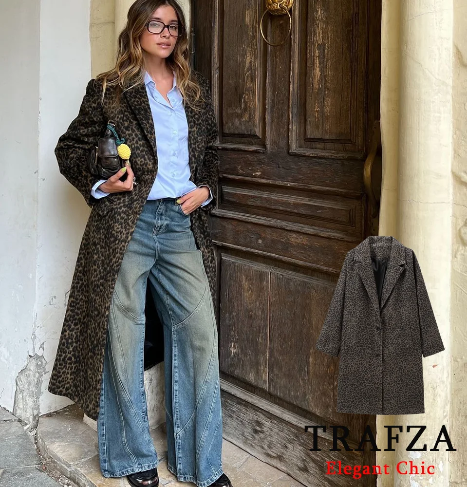 

TRAFZA-Women Stylish Leopard Long Coat Lapel Buttons Slant Pockets Coat New 2024 Autumn Winter Fashion High Street Y2K Long Coat