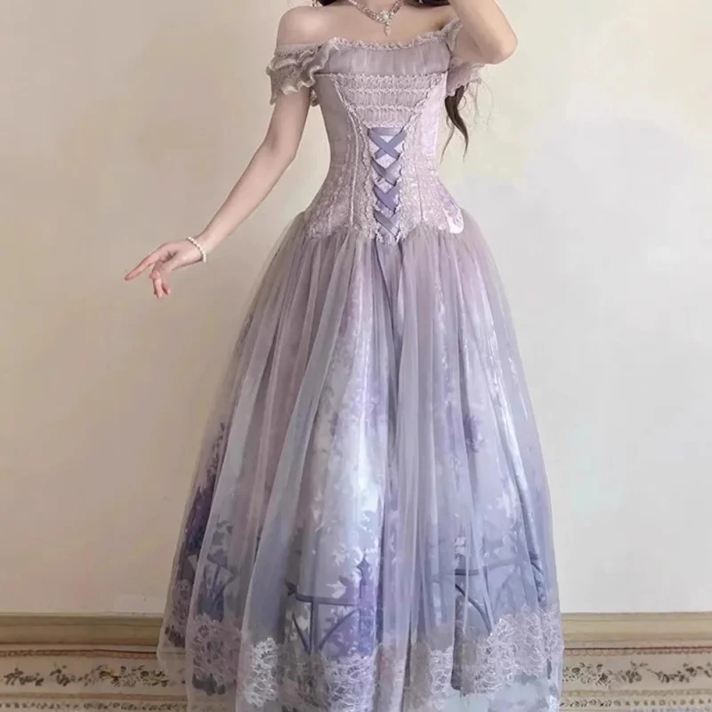 

Japanese Girl Sweet Cute Lolita Princess Dress Women's High Waist Slim Party Dress Lady Summer Elegant Bow Lace Mesh Dress