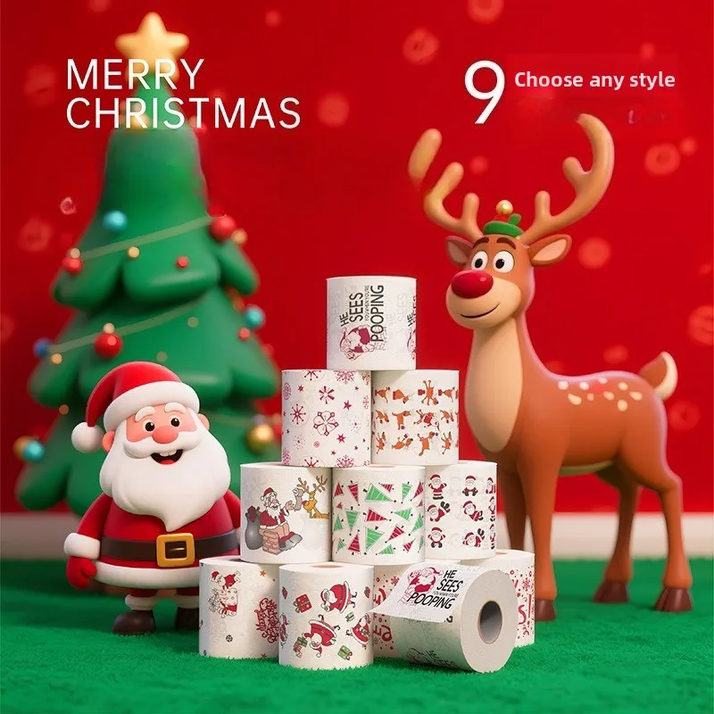 Christmas Colorful Toilet Paper Roll Printed Funny Holiday Gift Tissue Thickened Bathroom Paper