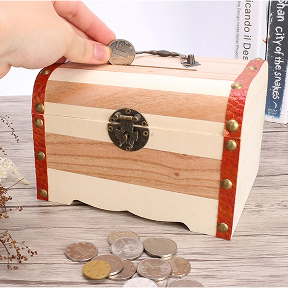 

Mini Vintage Wood Coin Saving Bank Box Wooden Chest Organizer Size Design Cash Coin Storage for Office Living Room