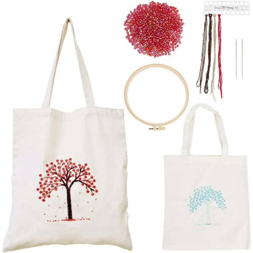 DIY Tote Canvas Bag Embroidery Kit with Tree Pattern, Tote Bag Needlepoint Starter Kit Personalized Canvas Bag Cross Stitch