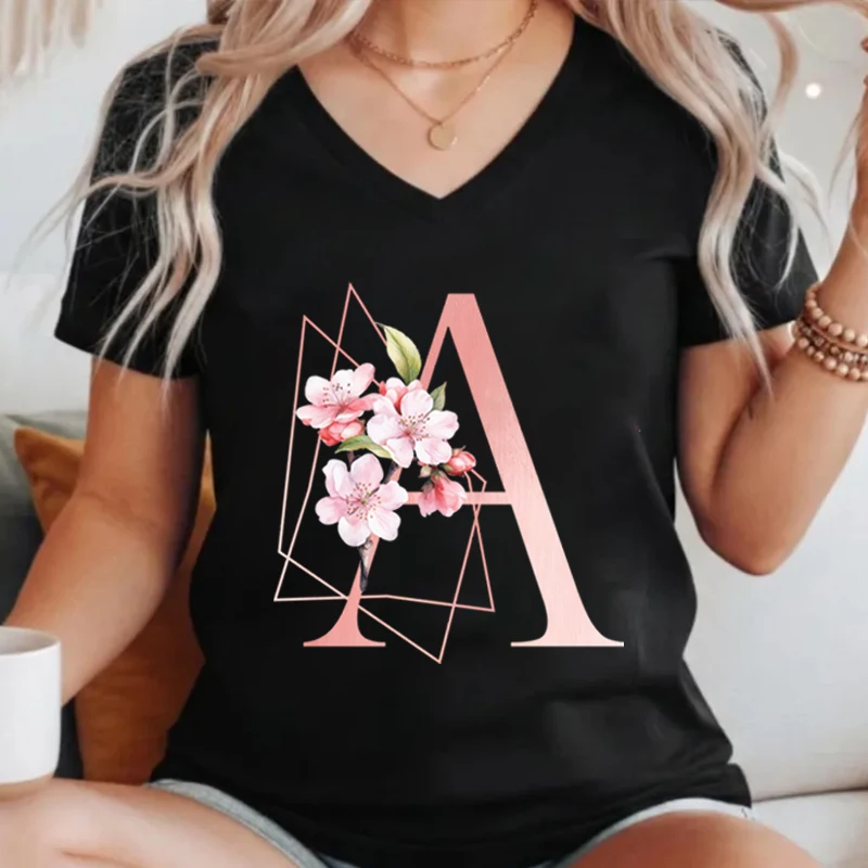 Pink Sakura Letter A-Z Print T-Shirt 26 Initials Graphic Tee Summer V-Neck Casual Tops Cherry Blossom Lover 26 Alphabet Y2K Tops