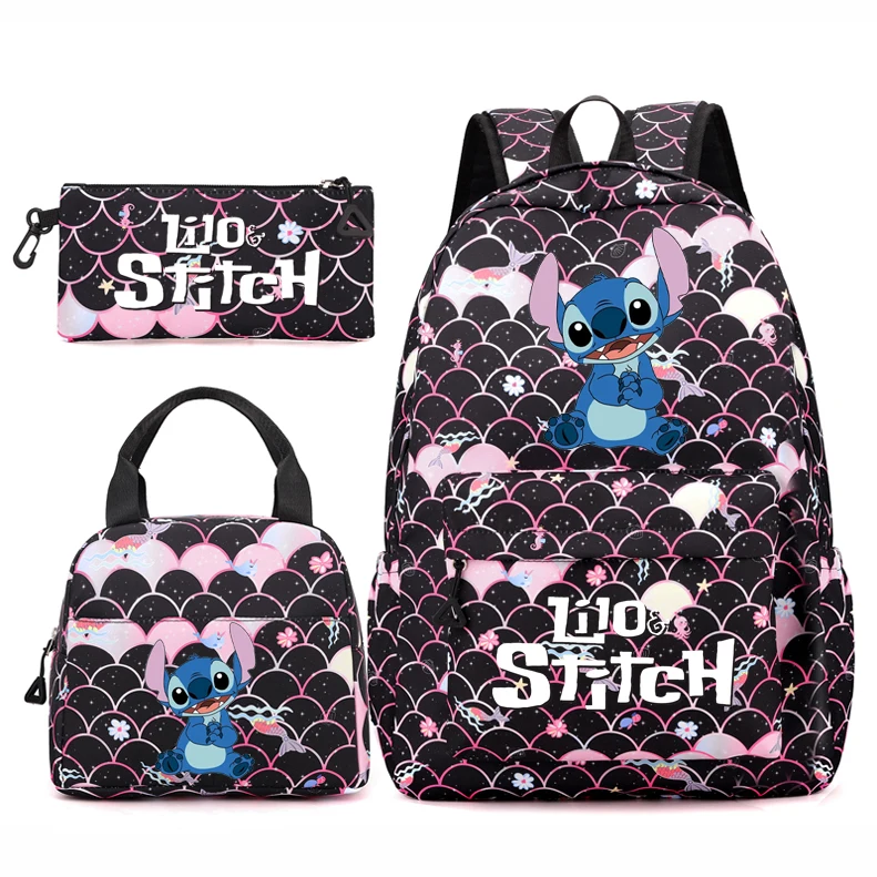 

3Pcs/set Disney Lilo Stitch Backpack Children Girl Black Schoolbag Kawaii Student Back To School﻿ Rucksack Women Travel Bags Gif