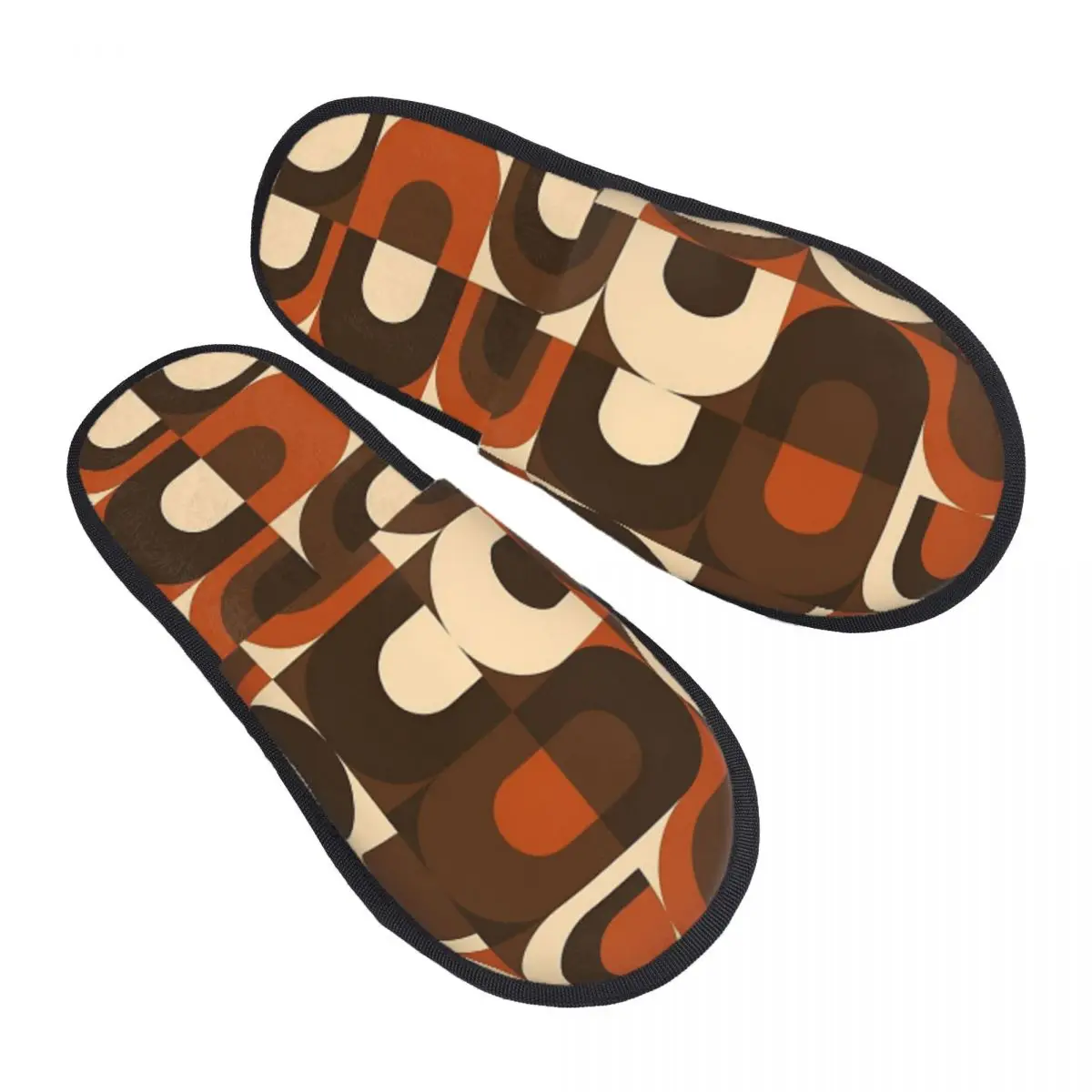 70s Pattern Retro Inustrial In Orange And Dark Brown Slippers Memory Foam Warm Soft Women House Slipper Indoor Fluffy Shoes