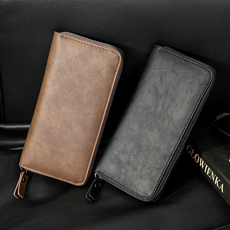 Men's High Quality Pu Leather Long Wallet Mobile Phone Card Clip Coin Purse Pattern Plaid Wallet Large Capacity