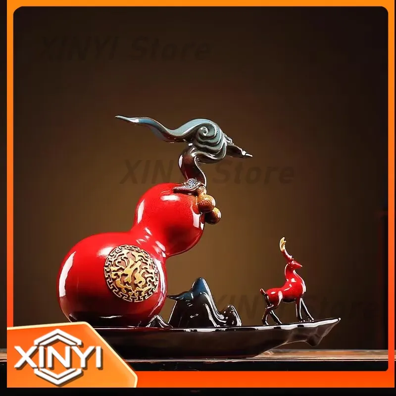 Ceramic Deer Figurine for Home Decoration with Gourd Design for Living Room Shelf Bar Cabinet Feng Shui Lucky Gift for
