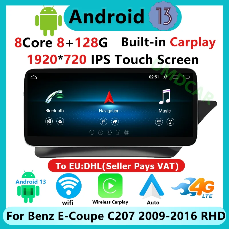 Factory Price Android 13 Car Multimedia Player for Mercedes Benz E Coupe 2-Door C207 E207 2009-2015 RHD Auto Radio Stereo Video